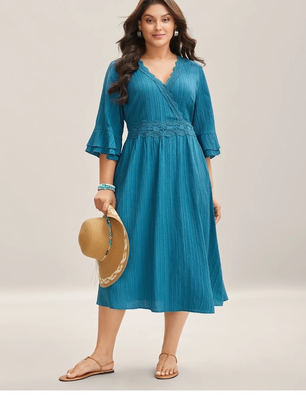Bloomchic Teal Scalloped Lace Surplice Ruffled Midi Dress - Size 18/20